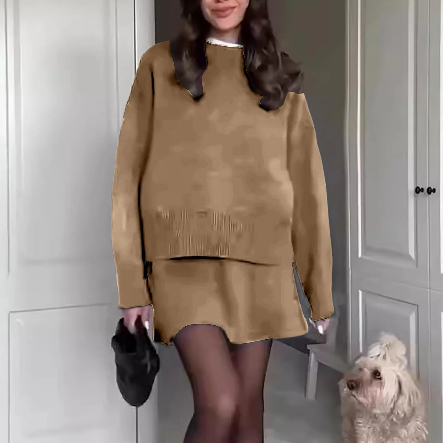 2 Piece Sweater Skirt Set for women Long Sleeve Mock Neck Ribbed Knit Top Pleated Skirts Matching Lounge Sets