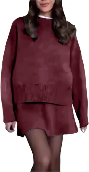 2 Piece Sweater Skirt Set for women Long Sleeve Mock Neck Ribbed Knit Top Pleated Skirts Matching Lounge Sets