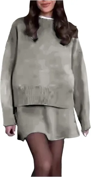 2 Piece Sweater Skirt Set for women Long Sleeve Mock Neck Ribbed Knit Top Pleated Skirts Matching Lounge Sets