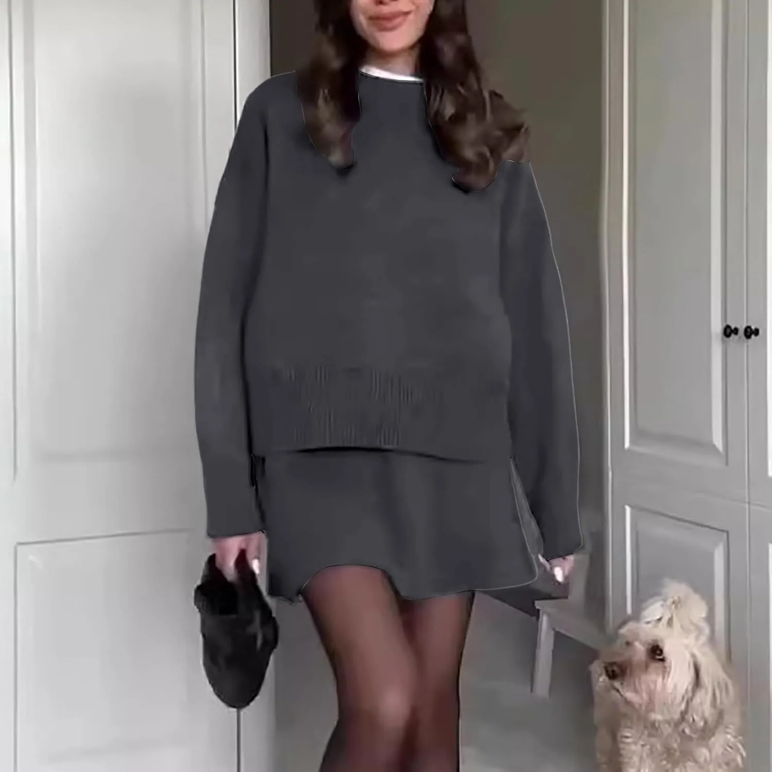2 Piece Sweater Skirt Set for women Long Sleeve Mock Neck Ribbed Knit Top Pleated Skirts Matching Lounge Sets