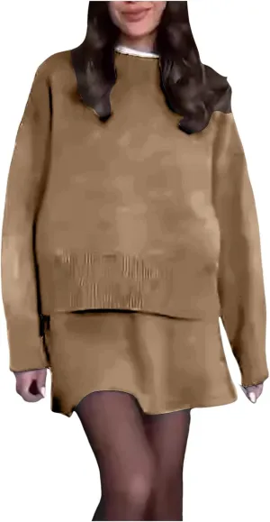 2 Piece Sweater Skirt Set for women Long Sleeve Mock Neck Ribbed Knit Top Pleated Skirts Matching Lounge Sets