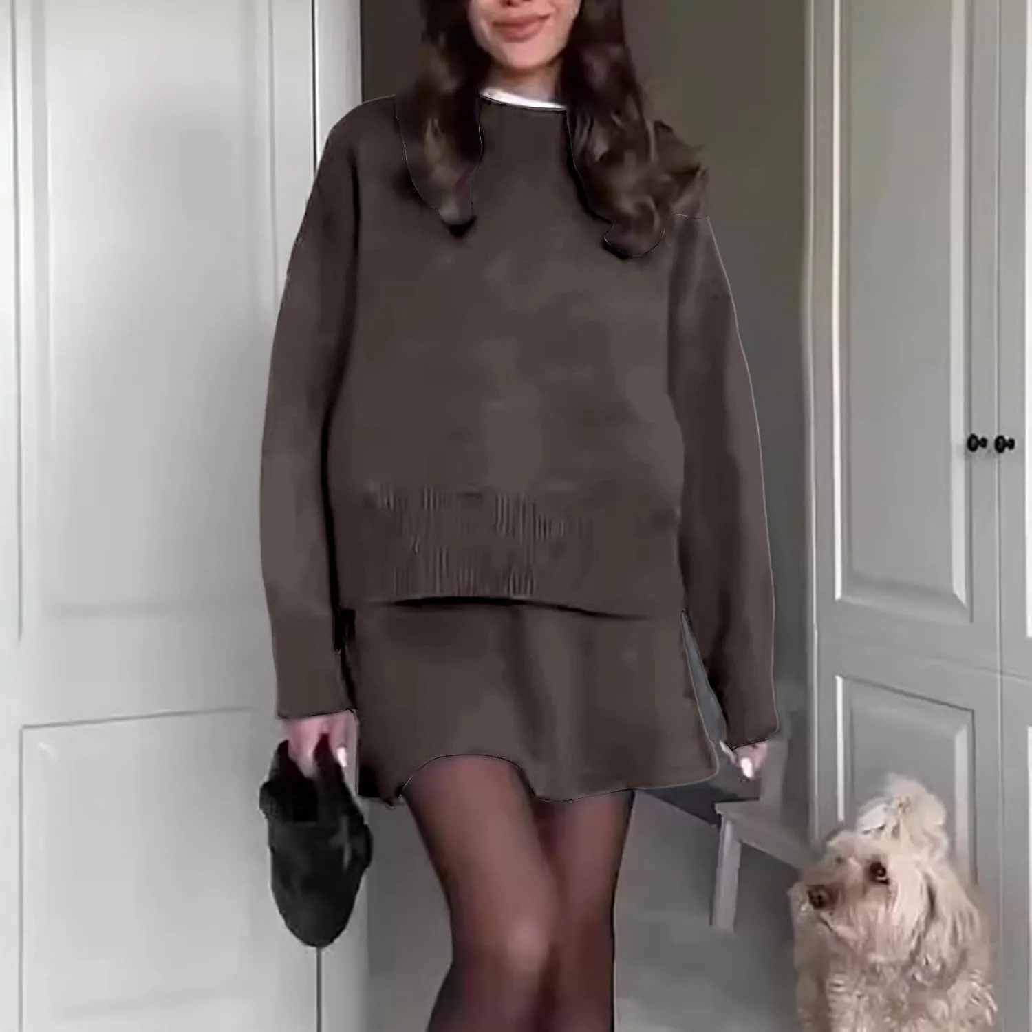 2 Piece Sweater Skirt Set for women Long Sleeve Mock Neck Ribbed Knit Top Pleated Skirts Matching Lounge Sets