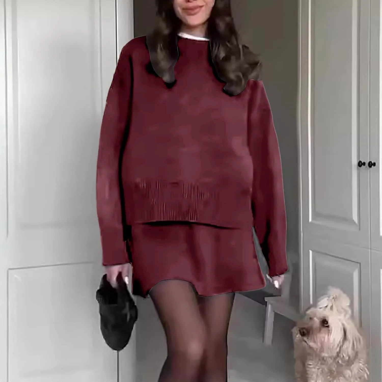2 Piece Sweater Skirt Set for women Long Sleeve Mock Neck Ribbed Knit Top Pleated Skirts Matching Lounge Sets