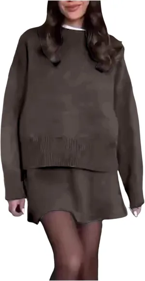 2 Piece Sweater Skirt Set for women Long Sleeve Mock Neck Ribbed Knit Top Pleated Skirts Matching Lounge Sets