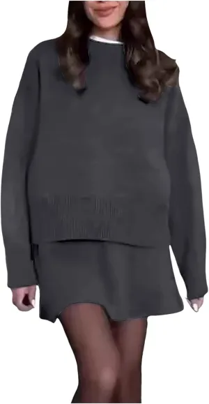 2 Piece Sweater Skirt Set for women Long Sleeve Mock Neck Ribbed Knit Top Pleated Skirts Matching Lounge Sets
