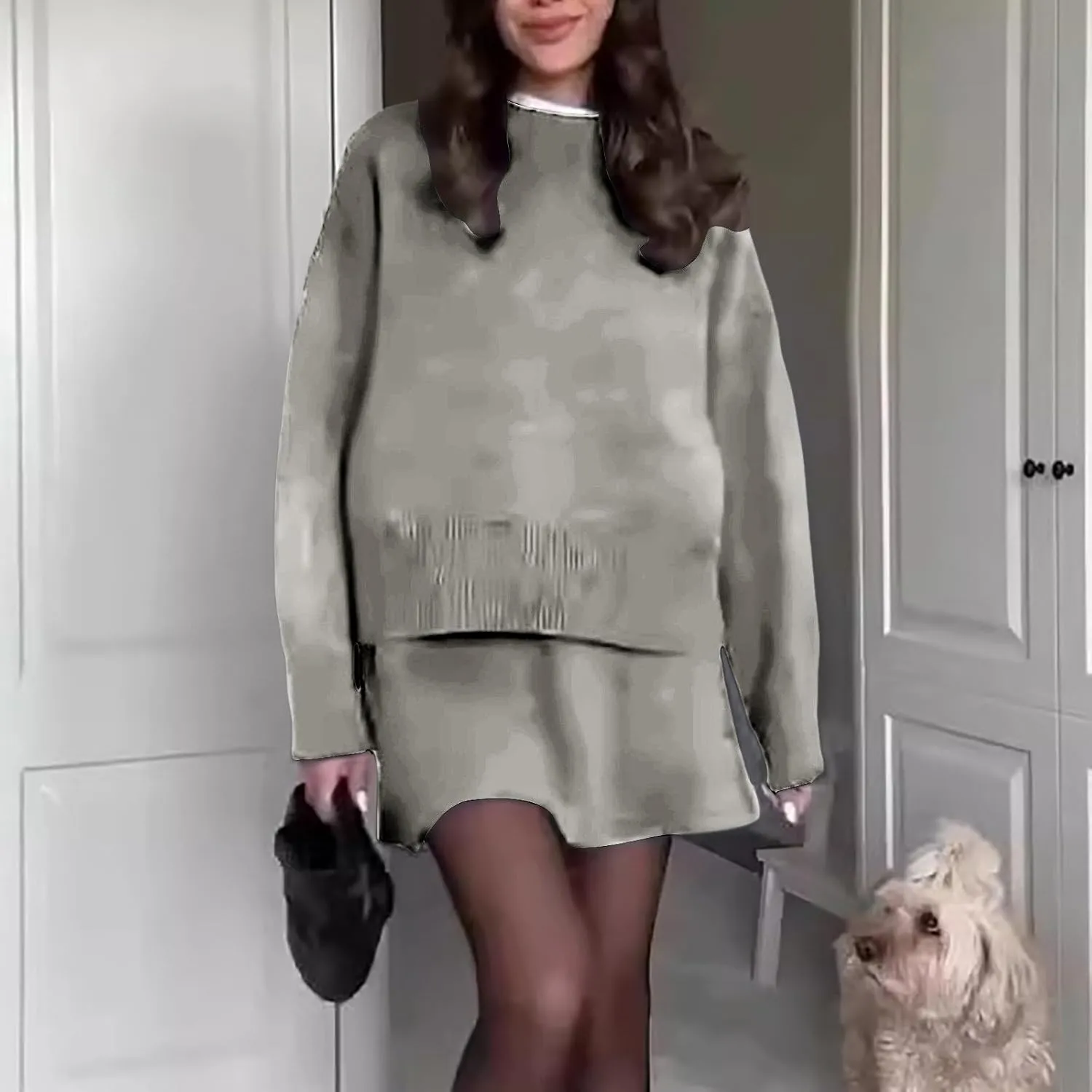 2 Piece Sweater Skirt Set for women Long Sleeve Mock Neck Ribbed Knit Top Pleated Skirts Matching Lounge Sets