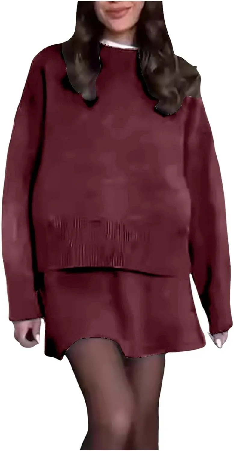 2 Piece Sweater Skirt Set for women Long Sleeve Mock Neck Ribbed Knit Top Pleated Skirts Matching Lounge Sets