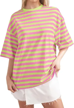 2024 Oversized Striped Color Block Short Sleeve Crew Neck T-Shirts Casual Loose Pullover Tops Summer Tee Shirt for Women