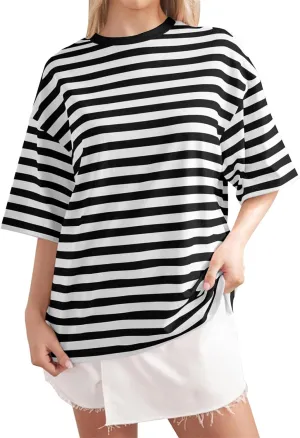 2024 Oversized Striped Color Block Short Sleeve Crew Neck T-Shirts Casual Loose Pullover Tops Summer Tee Shirt for Women
