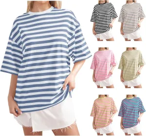 2024 Oversized Striped Color Block Short Sleeve Crew Neck T-Shirts Casual Loose Pullover Tops Summer Tee Shirt for Women