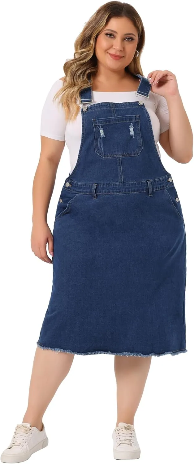 Agnes Orinda Women's Plus Size Overalls Dresses Jean Skirt Distressed Racerback Suspender Denim Overall Dress