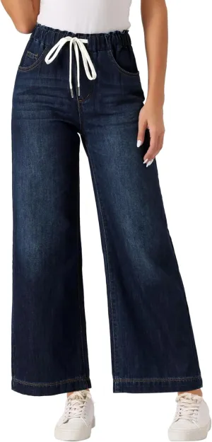 Allegra K Casual Denim Pants for Women's Baggy Drawstring 2025 Trendy Elastic Waist Wide Legs Jeans