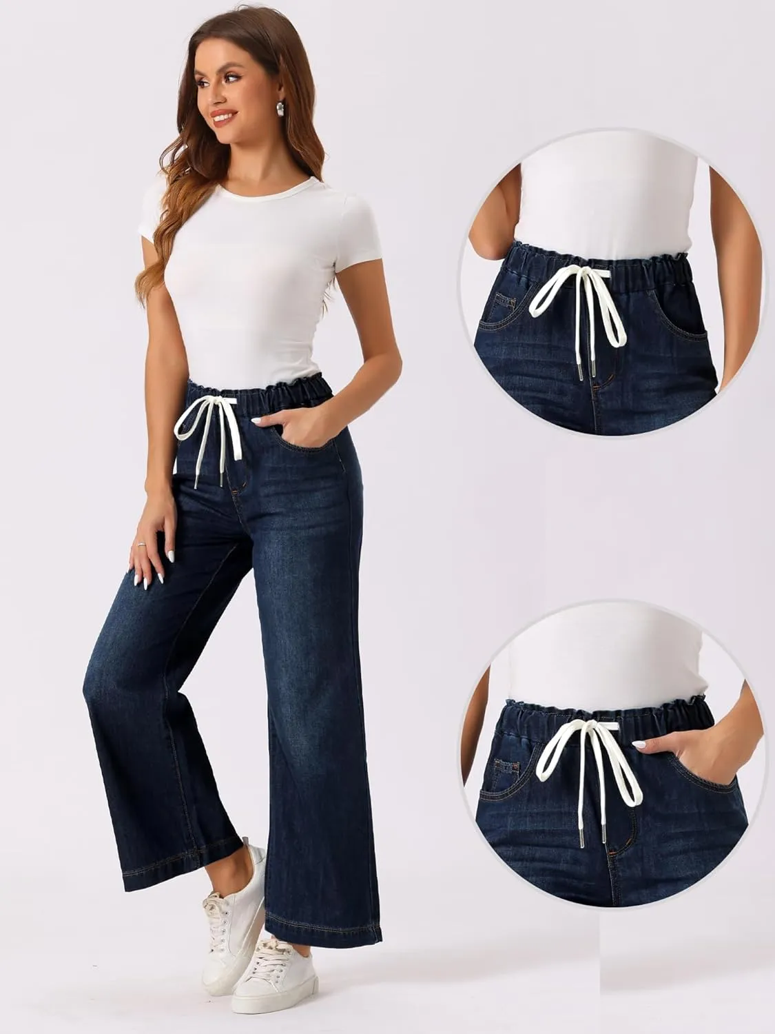 Allegra K Casual Denim Pants for Women's Baggy Drawstring 2025 Trendy Elastic Waist Wide Legs Jeans