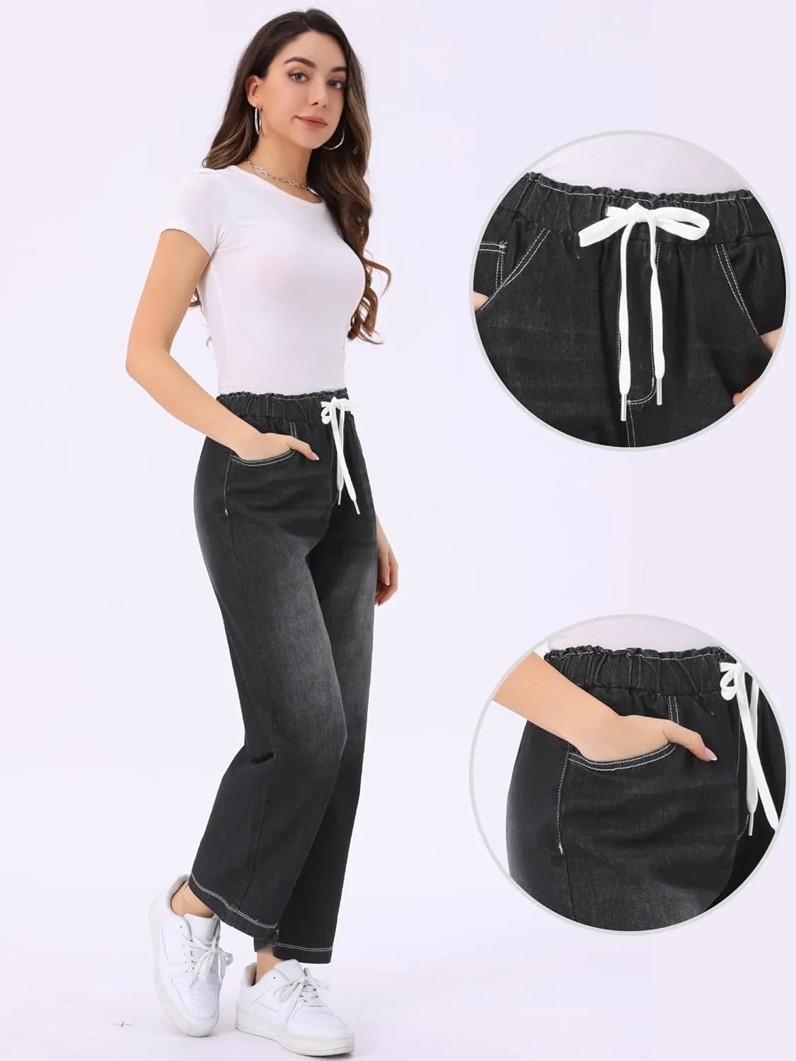 Allegra K Casual Denim Pants for Women's Baggy Drawstring 2025 Trendy Elastic Waist Wide Legs Jeans
