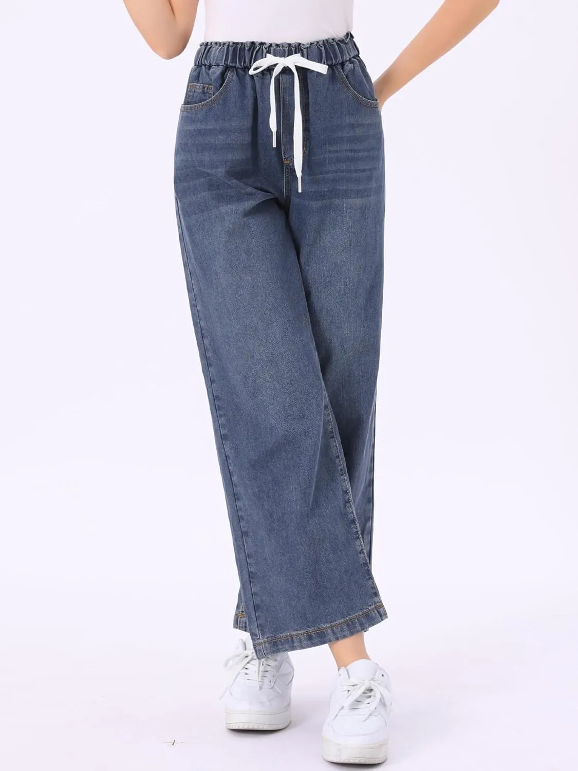 Allegra K Casual Denim Pants for Women's Baggy Drawstring 2025 Trendy Elastic Waist Wide Legs Jeans