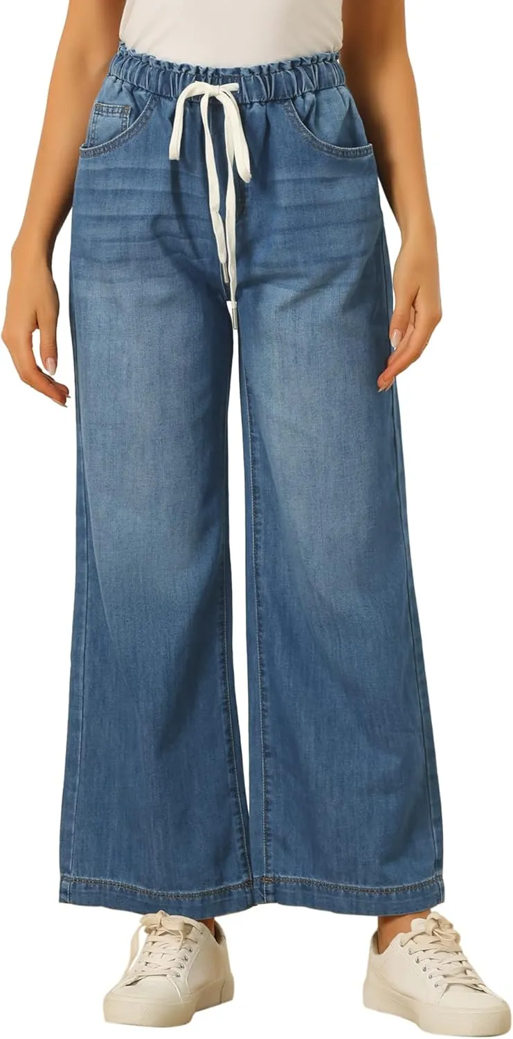 Allegra K Casual Denim Pants for Women's Baggy Drawstring 2025 Trendy Elastic Waist Wide Legs Jeans
