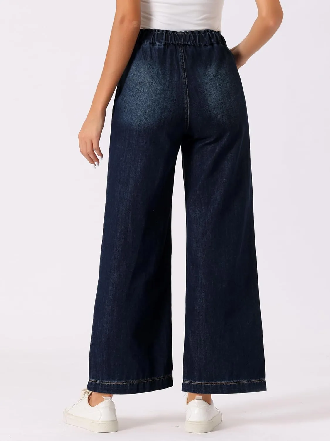 Allegra K Casual Denim Pants for Women's Baggy Drawstring 2025 Trendy Elastic Waist Wide Legs Jeans