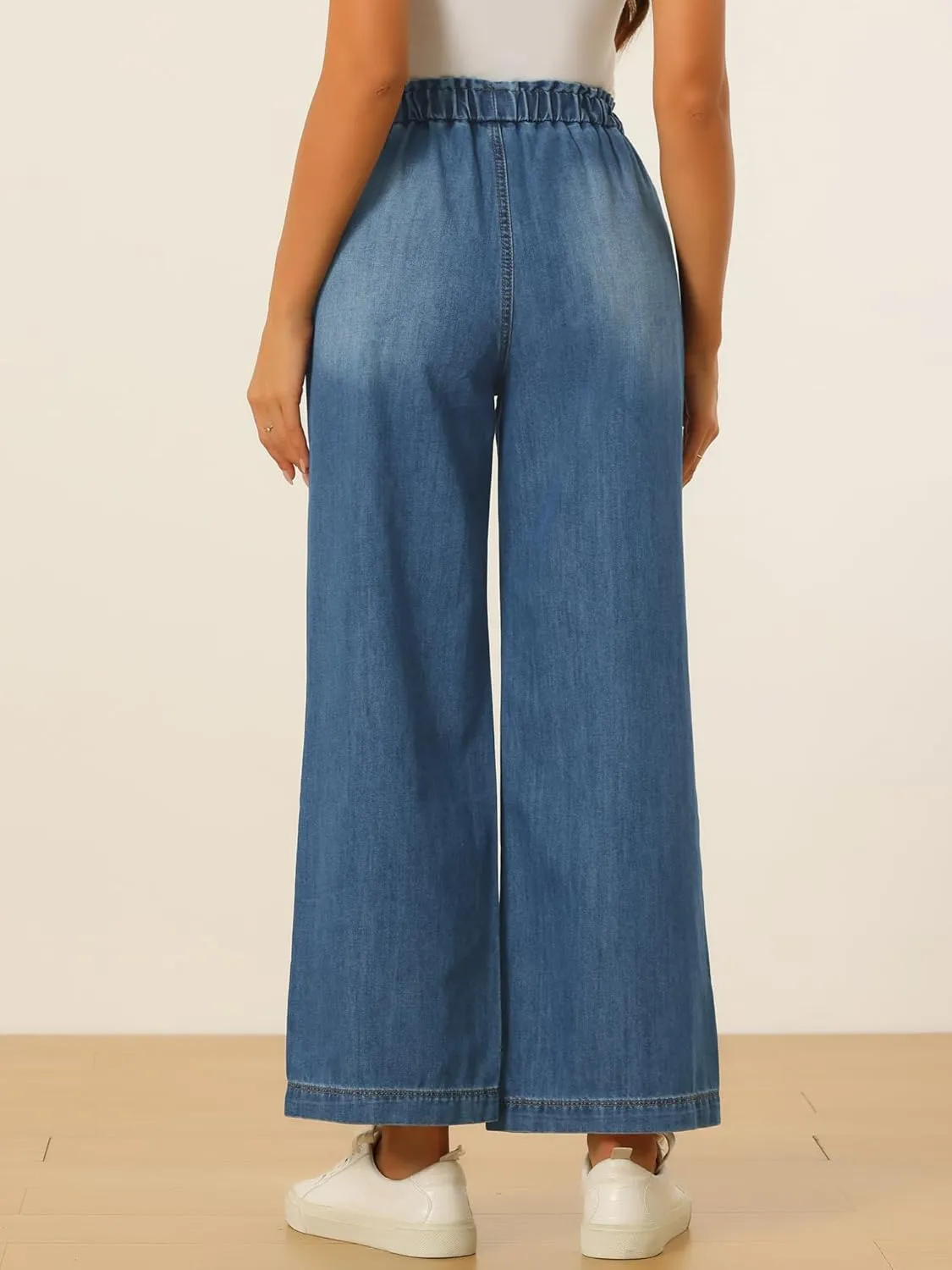 Allegra K Casual Denim Pants for Women's Baggy Drawstring 2025 Trendy Elastic Waist Wide Legs Jeans