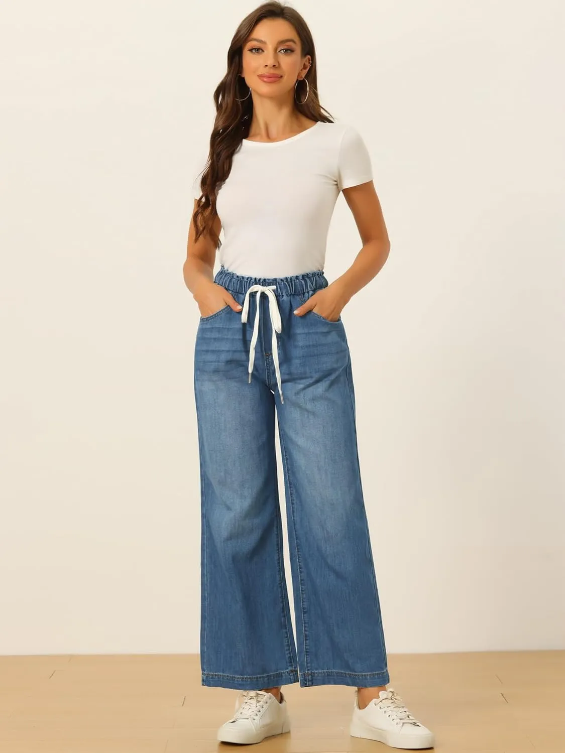 Allegra K Casual Denim Pants for Women's Baggy Drawstring 2025 Trendy Elastic Waist Wide Legs Jeans