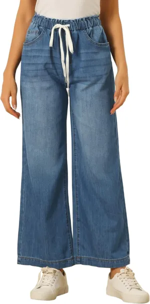 Allegra K Casual Denim Pants for Women's Baggy Drawstring 2025 Trendy Elastic Waist Wide Legs Jeans