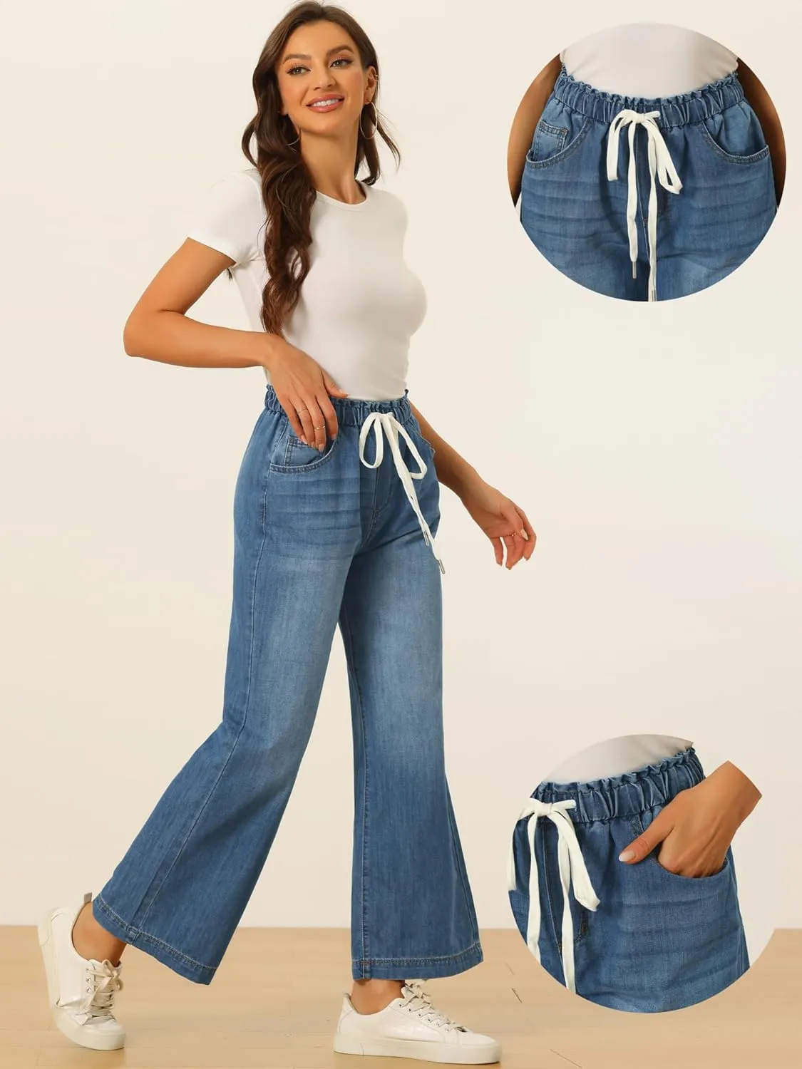 Allegra K Casual Denim Pants for Women's Baggy Drawstring 2025 Trendy Elastic Waist Wide Legs Jeans