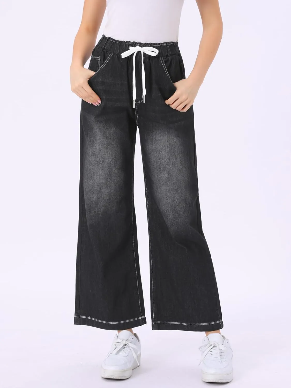 Allegra K Casual Denim Pants for Women's Baggy Drawstring 2025 Trendy Elastic Waist Wide Legs Jeans