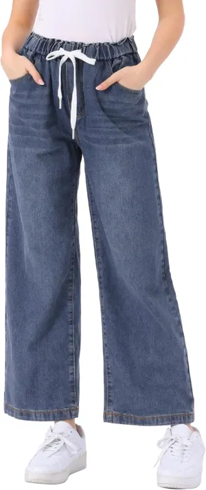 Allegra K Casual Denim Pants for Women's Baggy Drawstring 2025 Trendy Elastic Waist Wide Legs Jeans