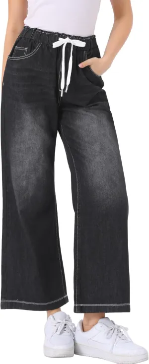 Allegra K Casual Denim Pants for Women's Baggy Drawstring 2025 Trendy Elastic Waist Wide Legs Jeans