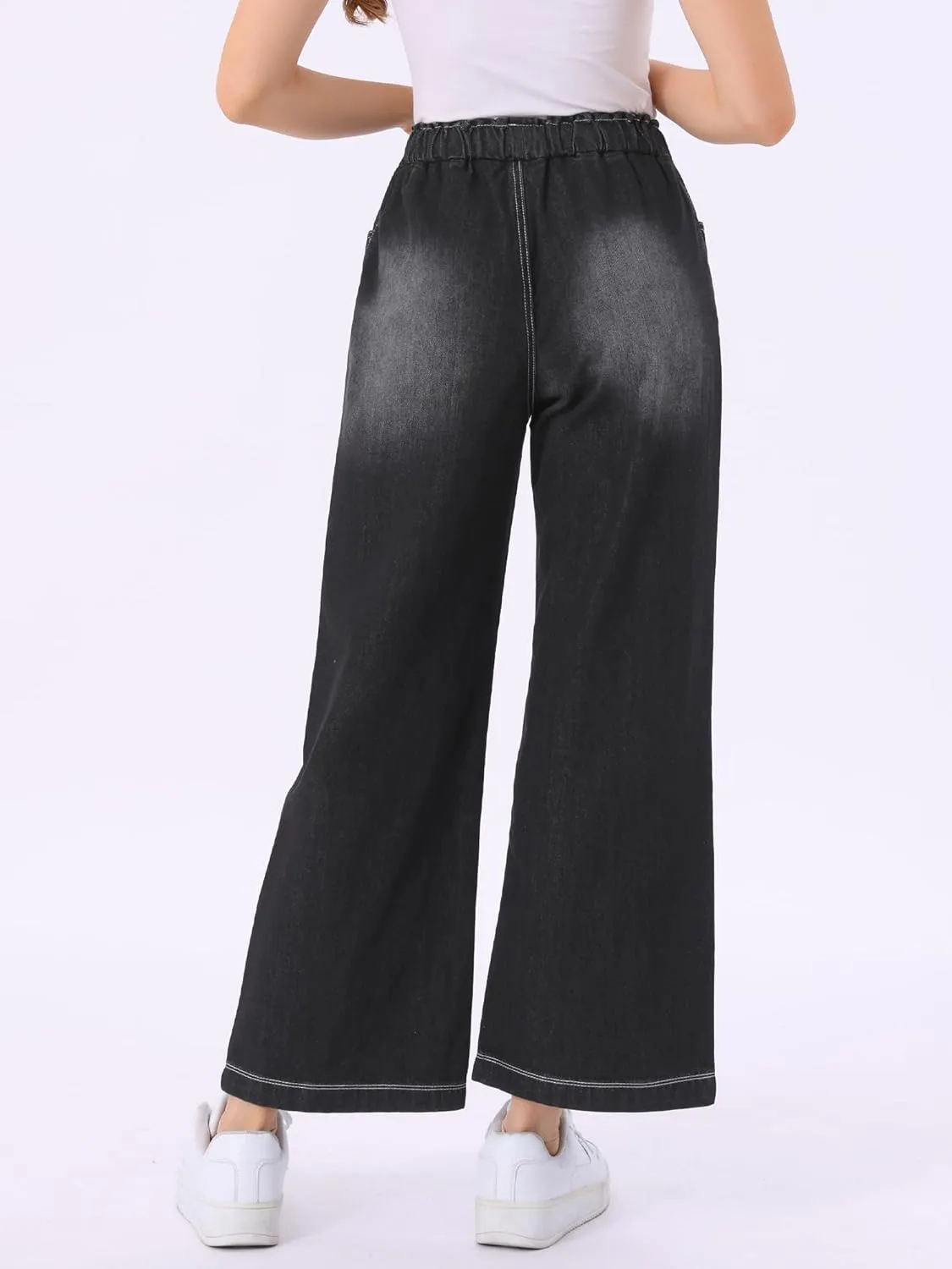 Allegra K Casual Denim Pants for Women's Baggy Drawstring 2025 Trendy Elastic Waist Wide Legs Jeans