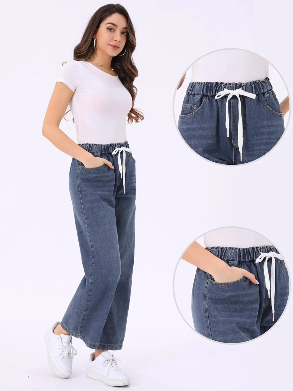 Allegra K Casual Denim Pants for Women's Baggy Drawstring 2025 Trendy Elastic Waist Wide Legs Jeans