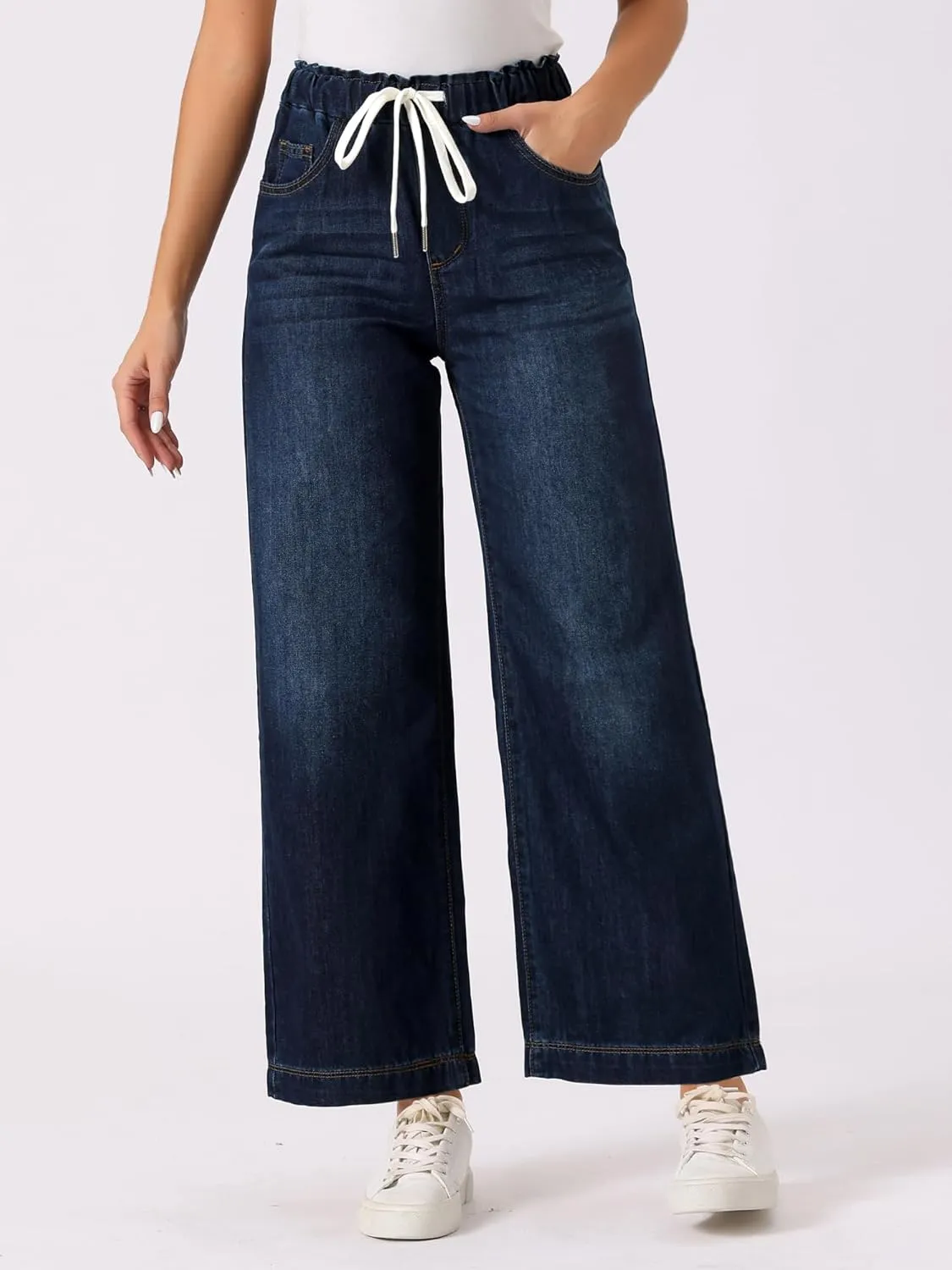 Allegra K Casual Denim Pants for Women's Baggy Drawstring 2025 Trendy Elastic Waist Wide Legs Jeans