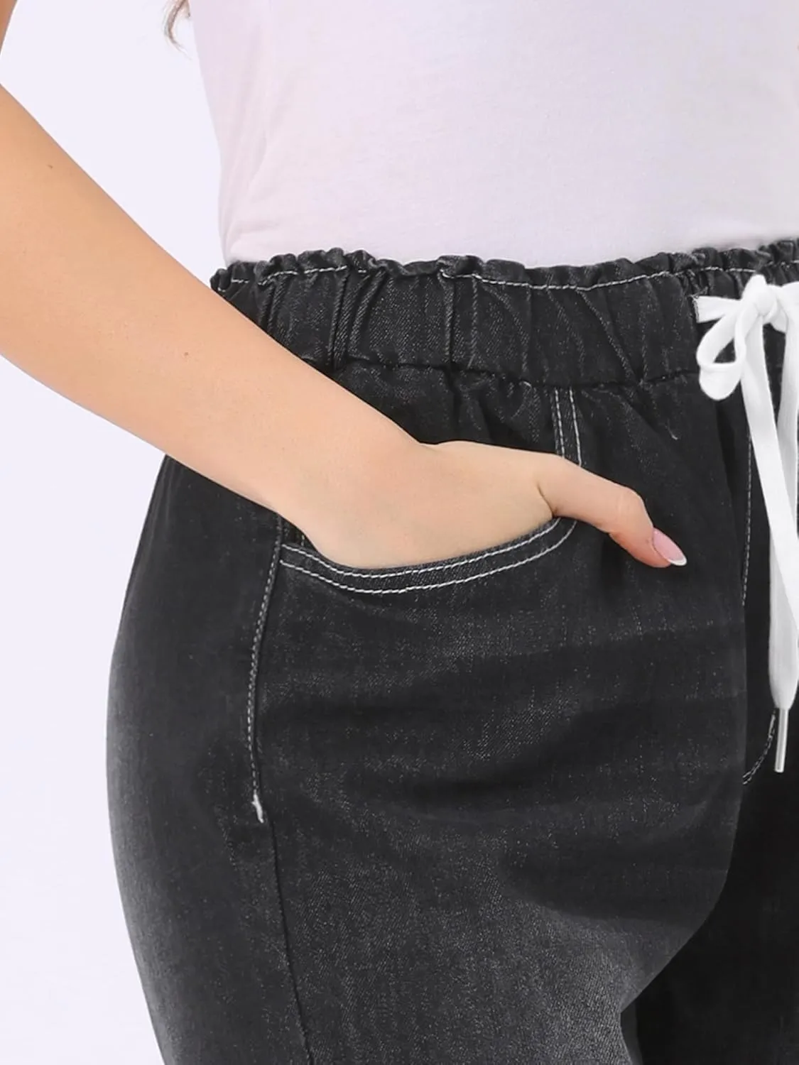 Allegra K Casual Denim Pants for Women's Baggy Drawstring 2025 Trendy Elastic Waist Wide Legs Jeans