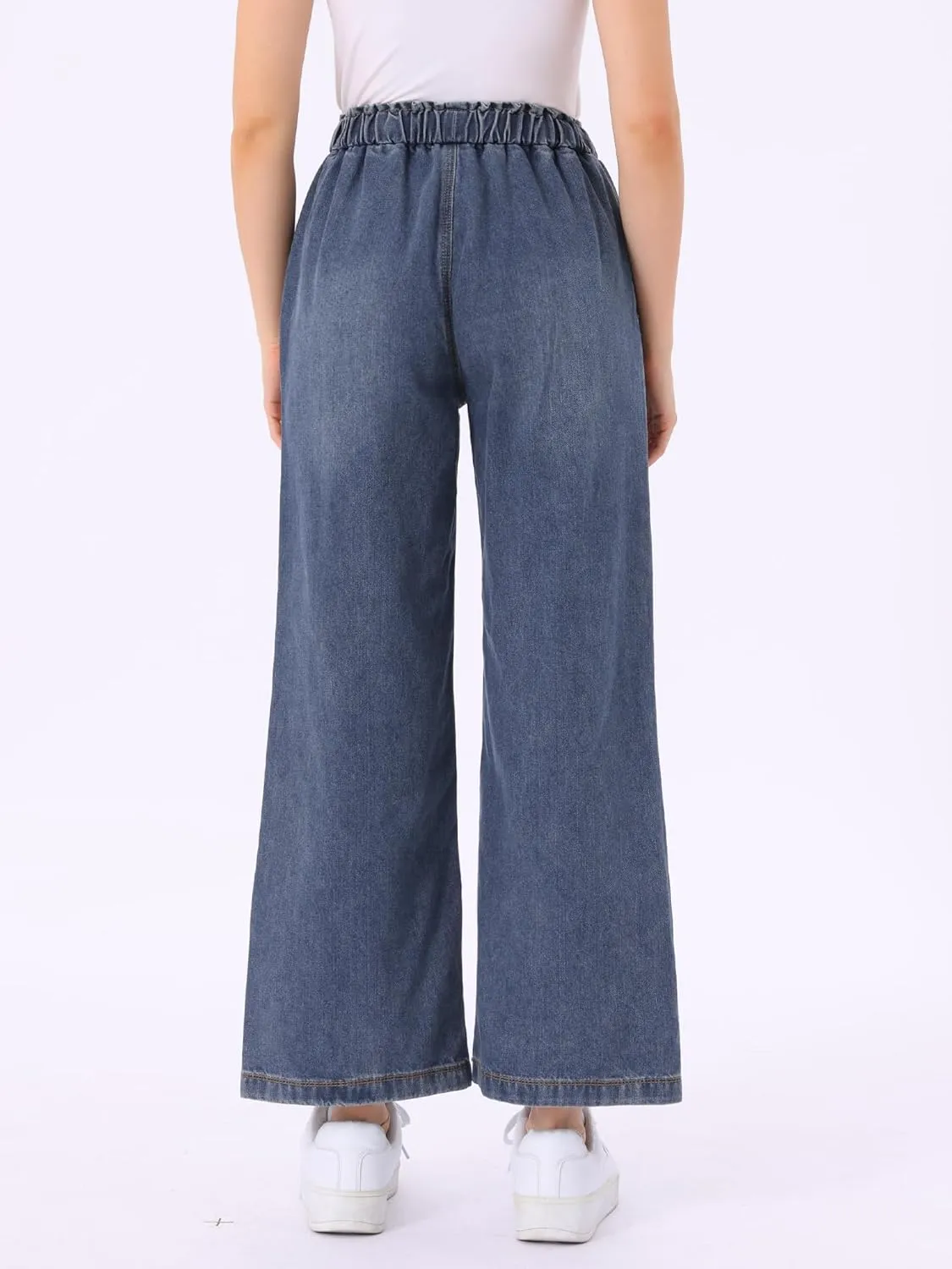 Allegra K Casual Denim Pants for Women's Baggy Drawstring 2025 Trendy Elastic Waist Wide Legs Jeans