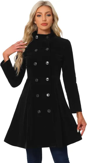 Allegra K Velvet A-Line Coat for Women's Christmas Double Breasted Winter Swing Coats