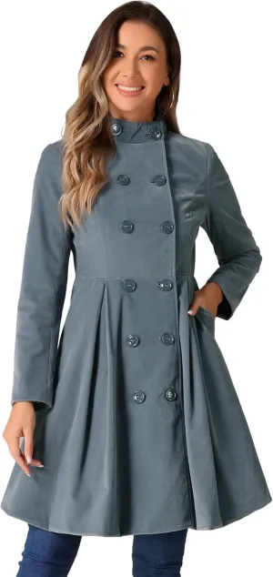 Allegra K Velvet A-Line Coat for Women's Christmas Double Breasted Winter Swing Coats