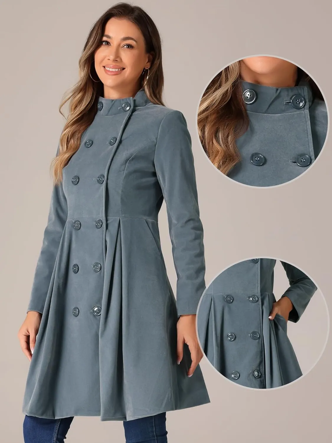 Allegra K Velvet A-Line Coat for Women's Christmas Double Breasted Winter Swing Coats