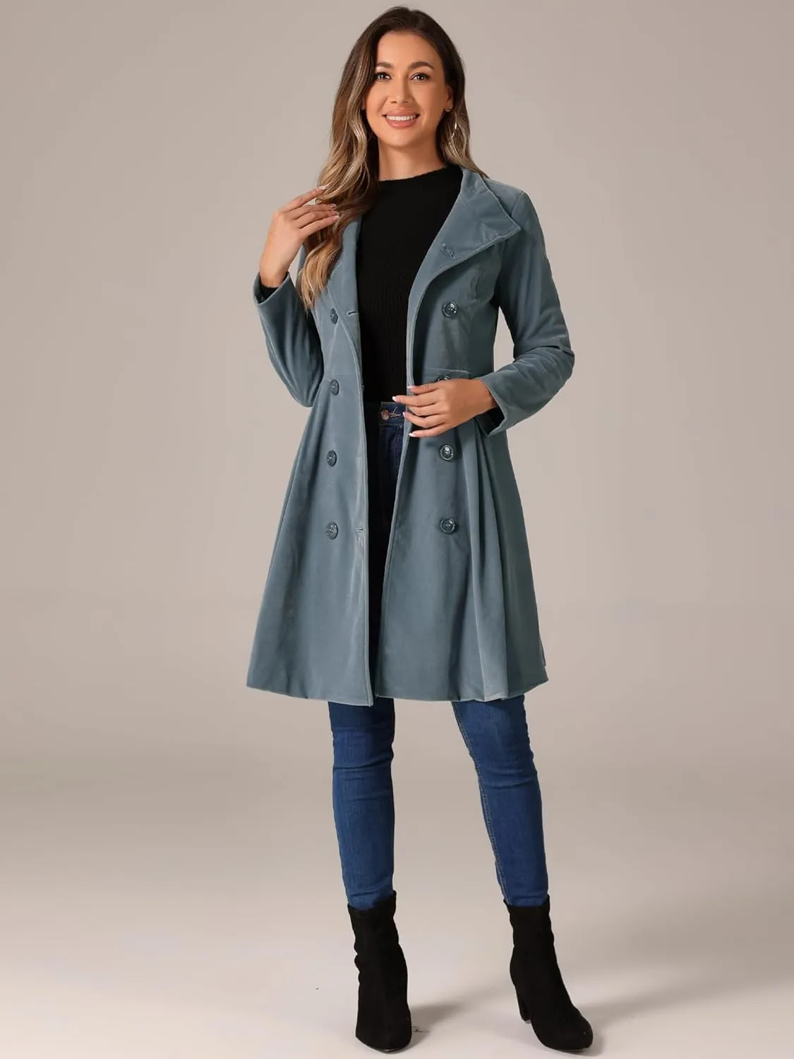 Allegra K Velvet A-Line Coat for Women's Christmas Double Breasted Winter Swing Coats