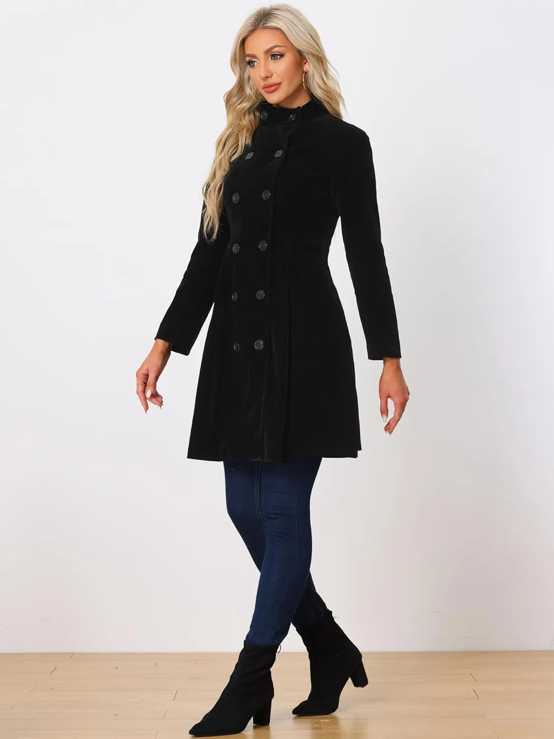 Allegra K Velvet A-Line Coat for Women's Christmas Double Breasted Winter Swing Coats