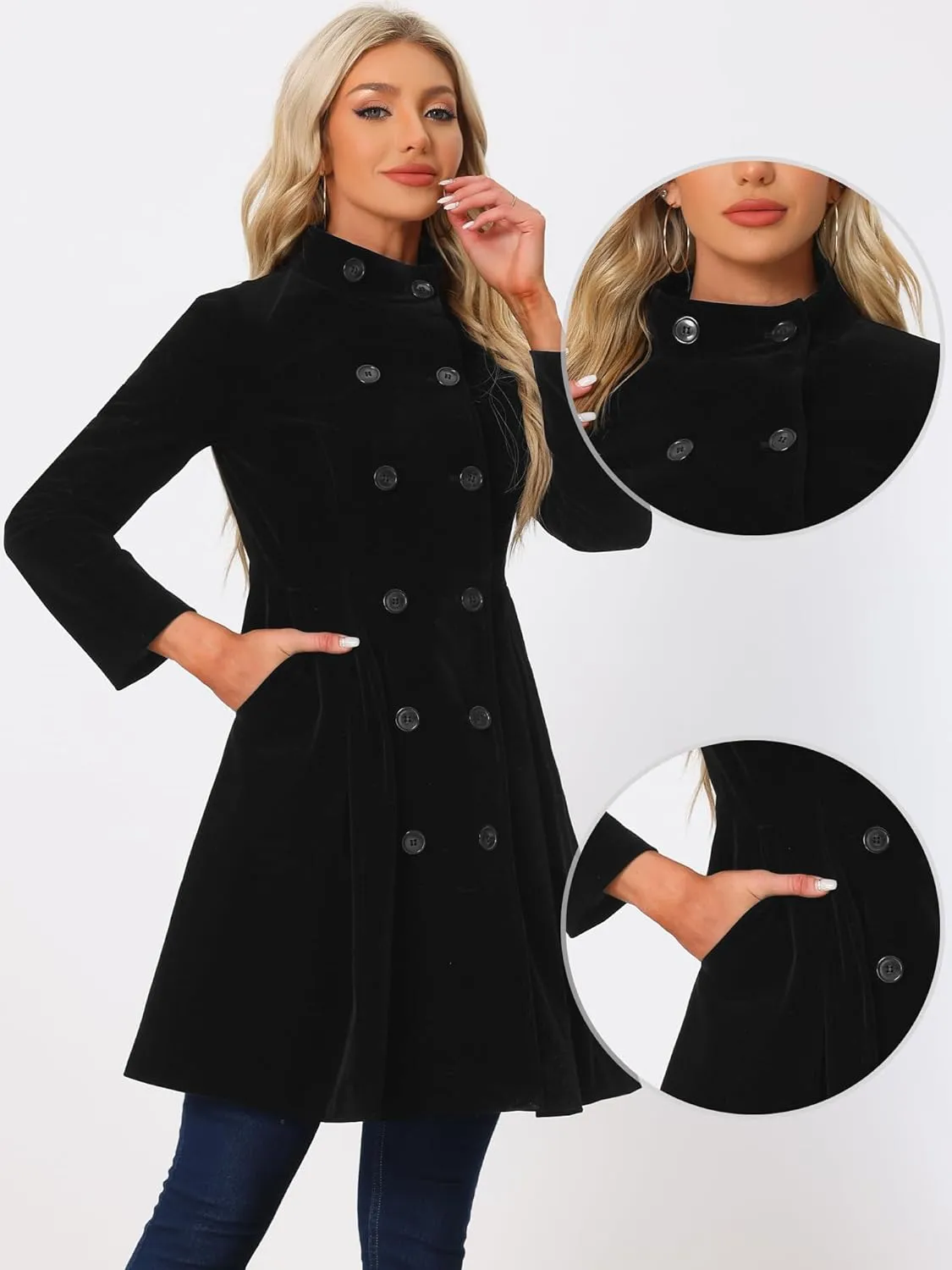 Allegra K Velvet A-Line Coat for Women's Christmas Double Breasted Winter Swing Coats