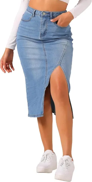 Allegra K Women's Casual Denim Skirt High Waisted Split Front Midi Jean Skirts