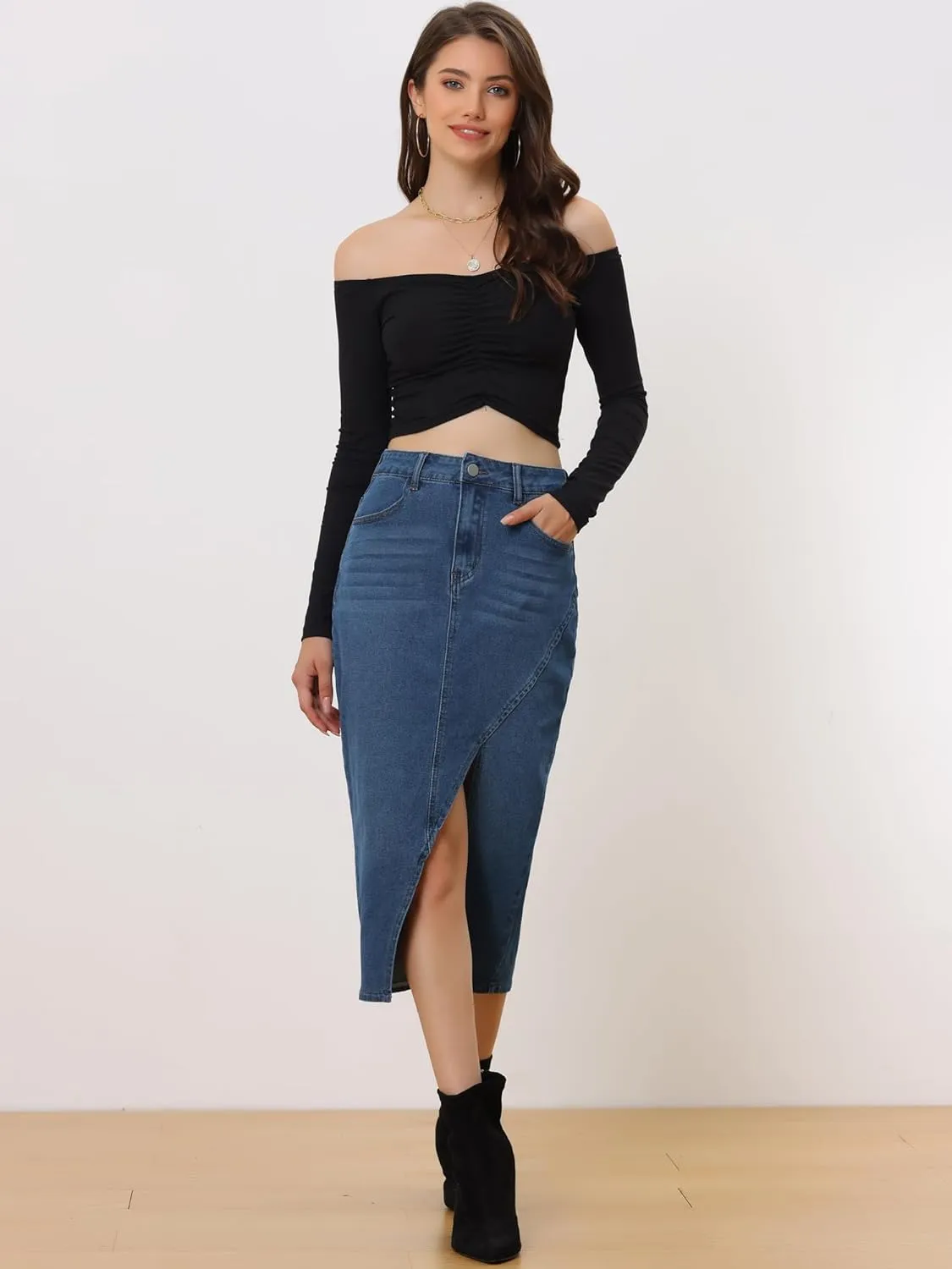 Allegra K Women's Casual Denim Skirt High Waisted Split Front Midi Jean Skirts