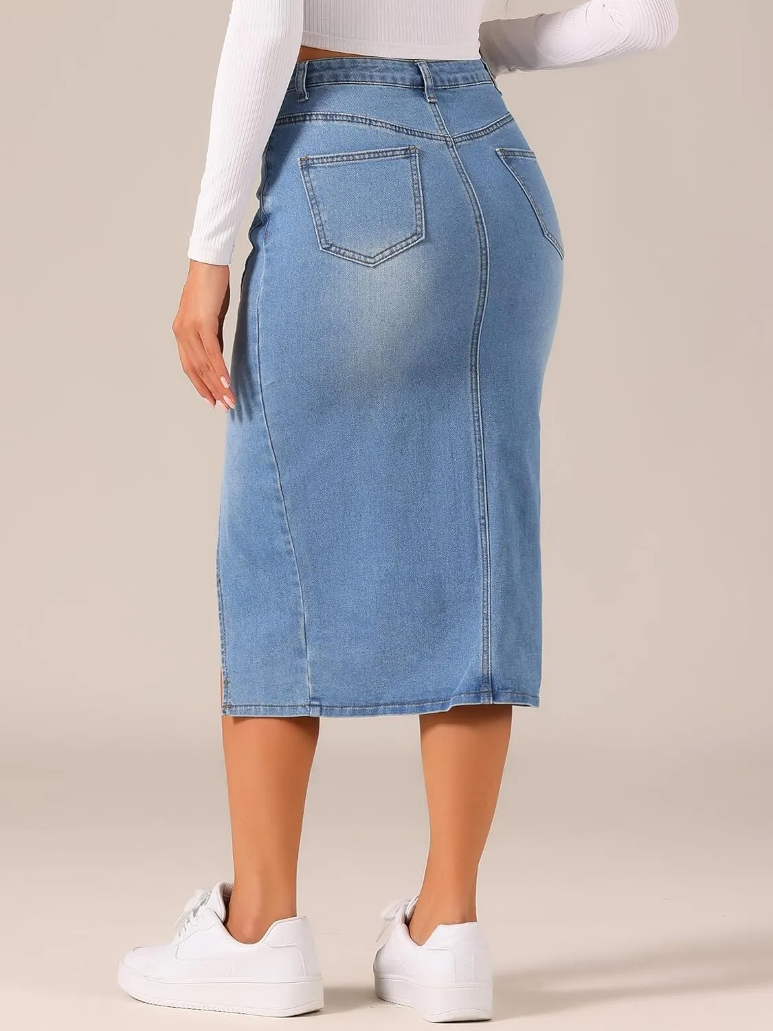 Allegra K Women's Casual Denim Skirt High Waisted Split Front Midi Jean Skirts