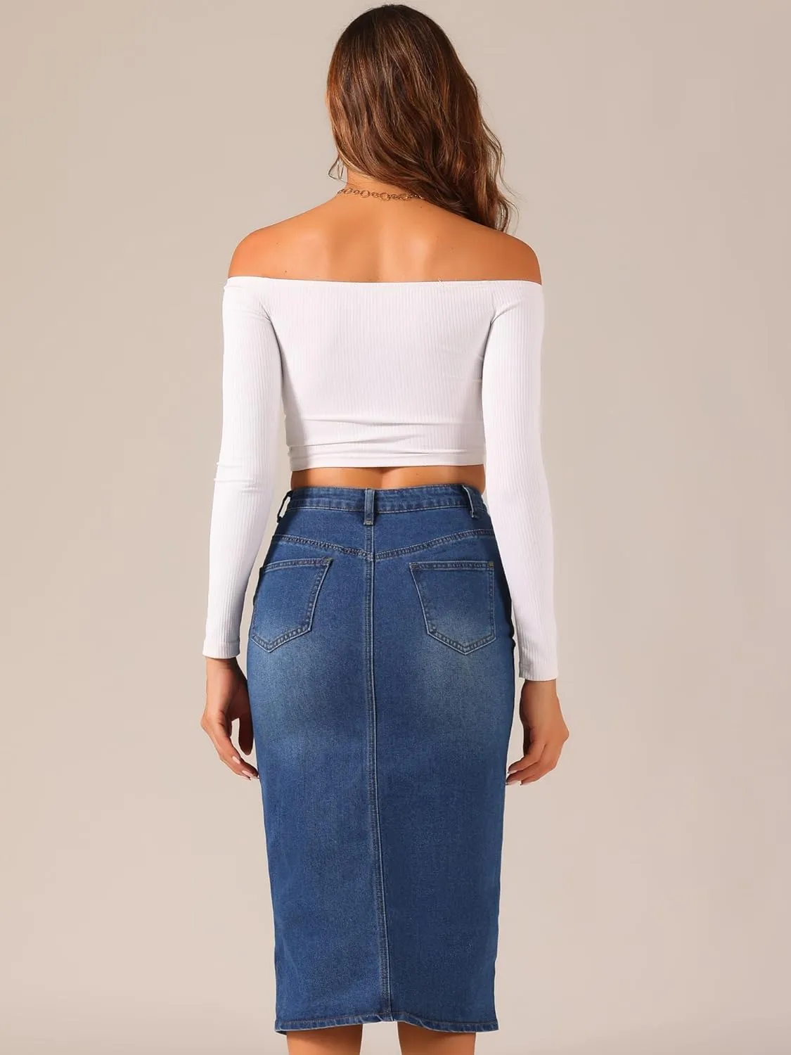 Allegra K Women's Casual Denim Skirt High Waisted Split Front Midi Jean Skirts