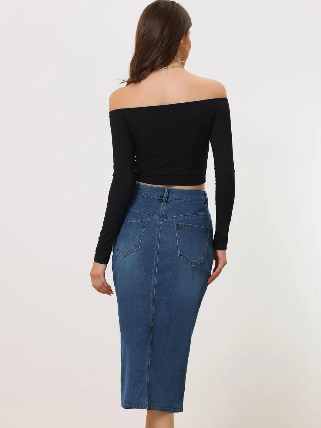 Allegra K Women's Casual Denim Skirt High Waisted Split Front Midi Jean Skirts