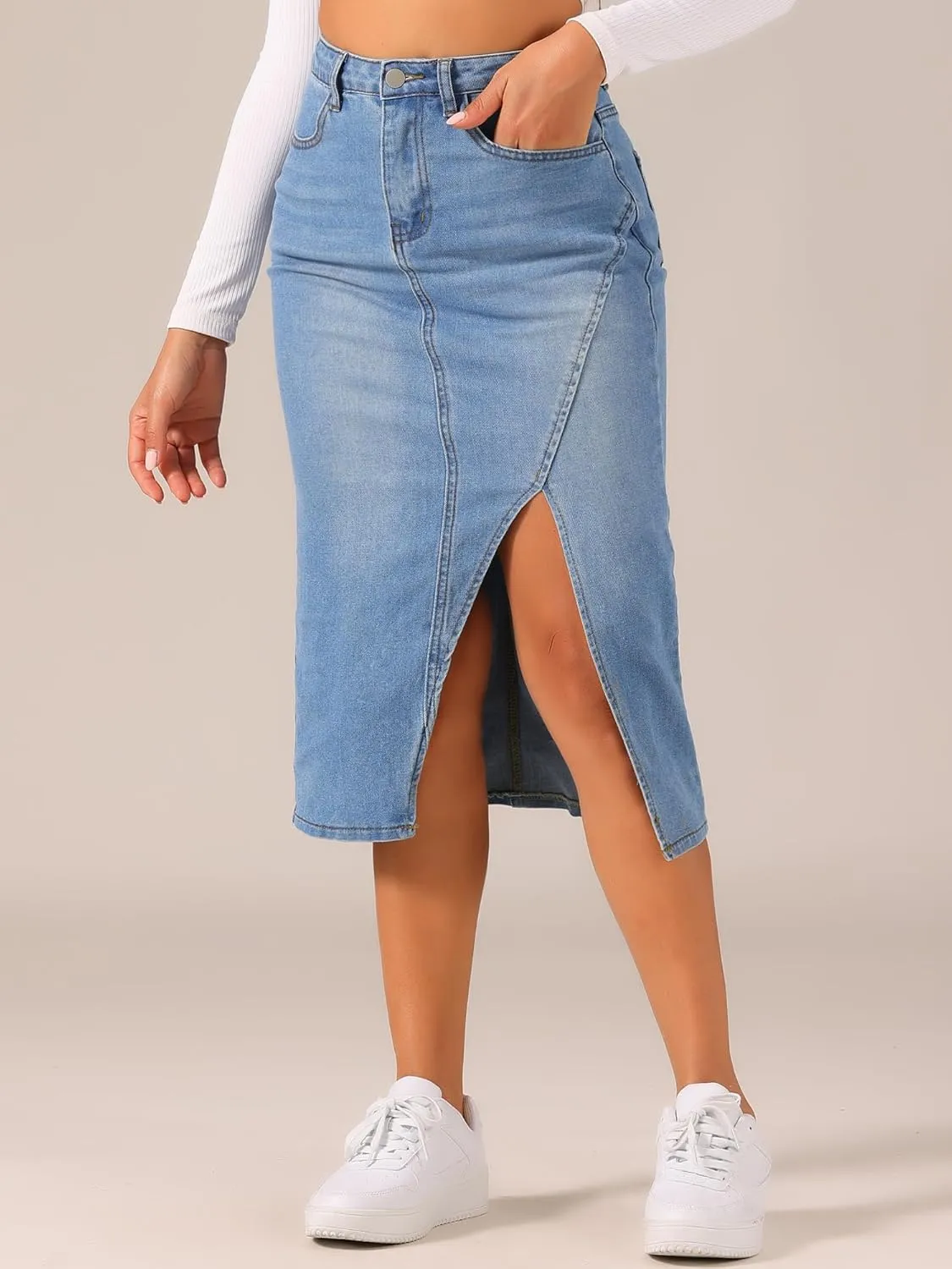 Allegra K Women's Casual Denim Skirt High Waisted Split Front Midi Jean Skirts