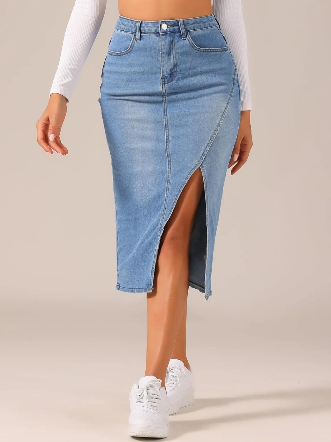 Allegra K Women's Casual Denim Skirt High Waisted Split Front Midi Jean Skirts