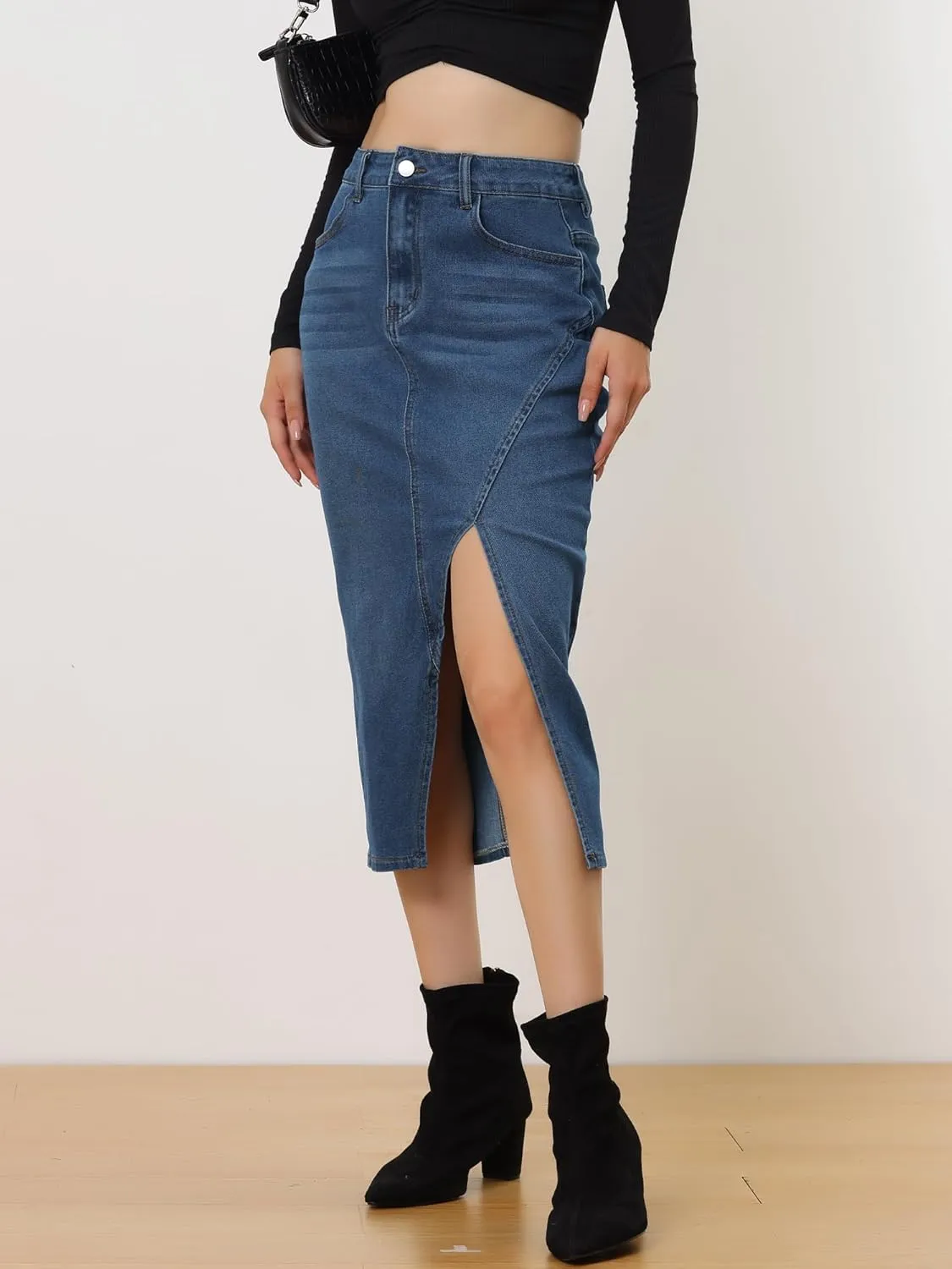 Allegra K Women's Casual Denim Skirt High Waisted Split Front Midi Jean Skirts