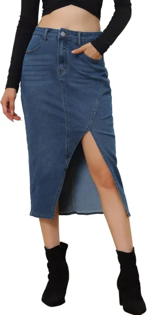 Allegra K Women's Casual Denim Skirt High Waisted Split Front Midi Jean Skirts