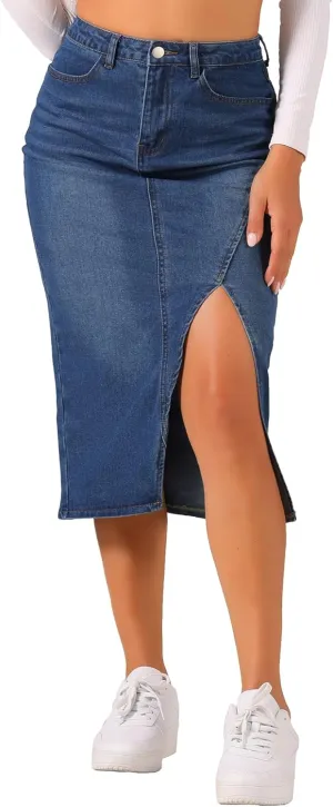 Allegra K Women's Casual Denim Skirt High Waisted Split Front Midi Jean Skirts