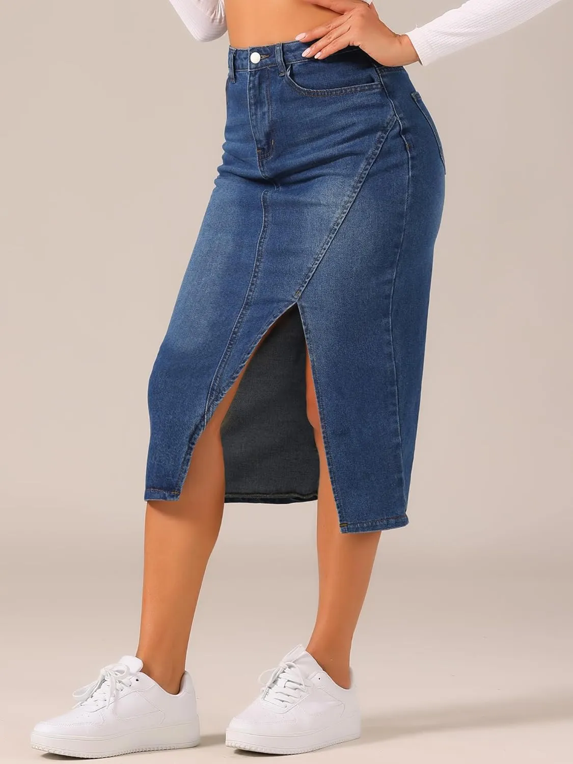 Allegra K Women's Casual Denim Skirt High Waisted Split Front Midi Jean Skirts
